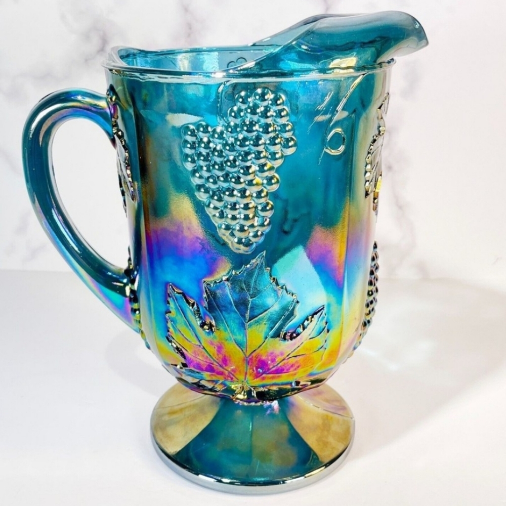 Indiana Glass HARVEST Blue Iridescent Pitcher Carnival Glass Footed VTG 1970